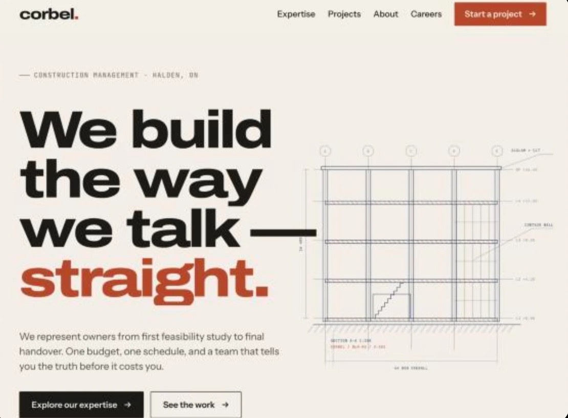 Corbel construction management concept home page with a building section drawing