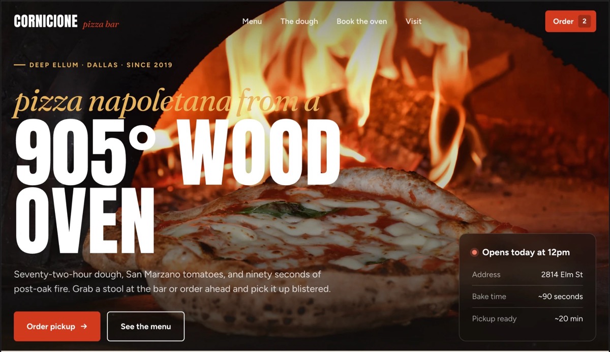 Cornicione pizza bar concept home page over a wood-fired oven