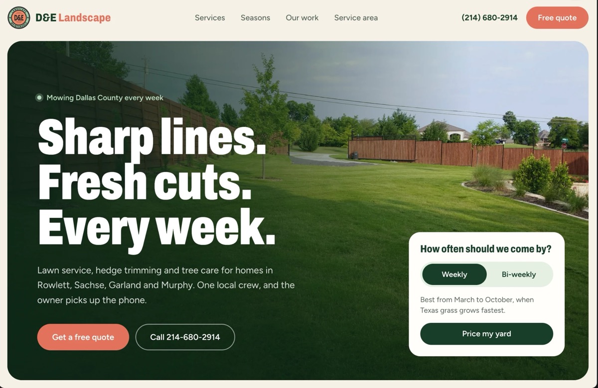 D&E Landscape concept home page over a freshly mowed lawn