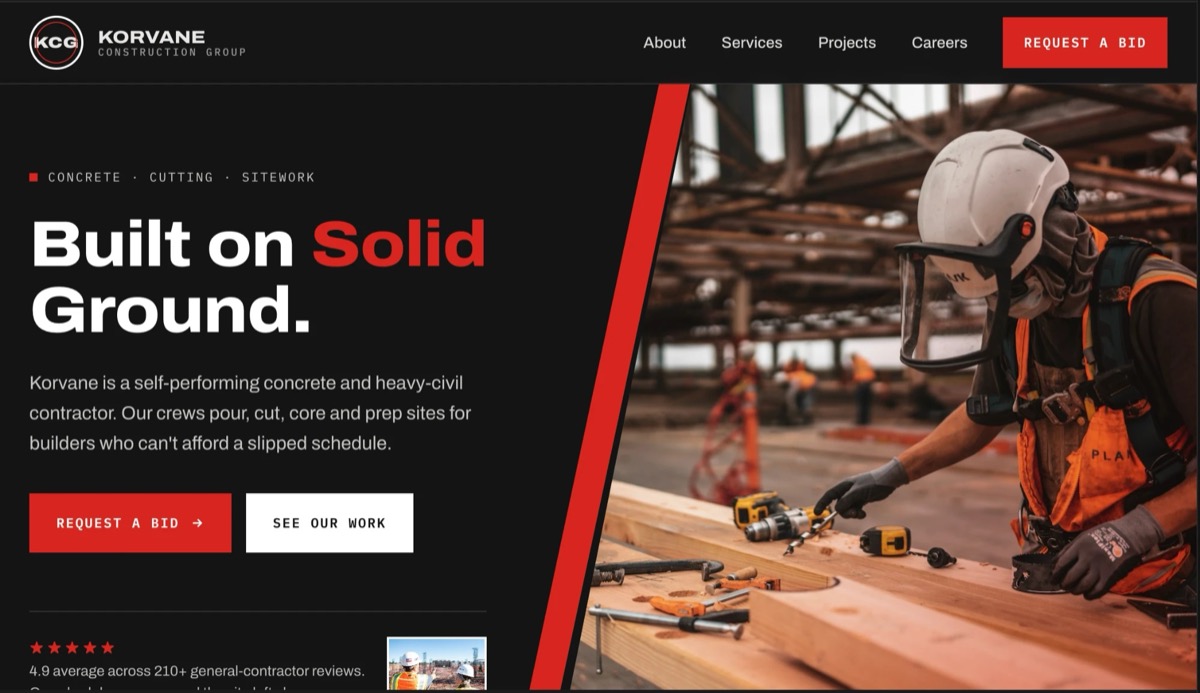 Korvane Construction Group concept home page with a crew member at work