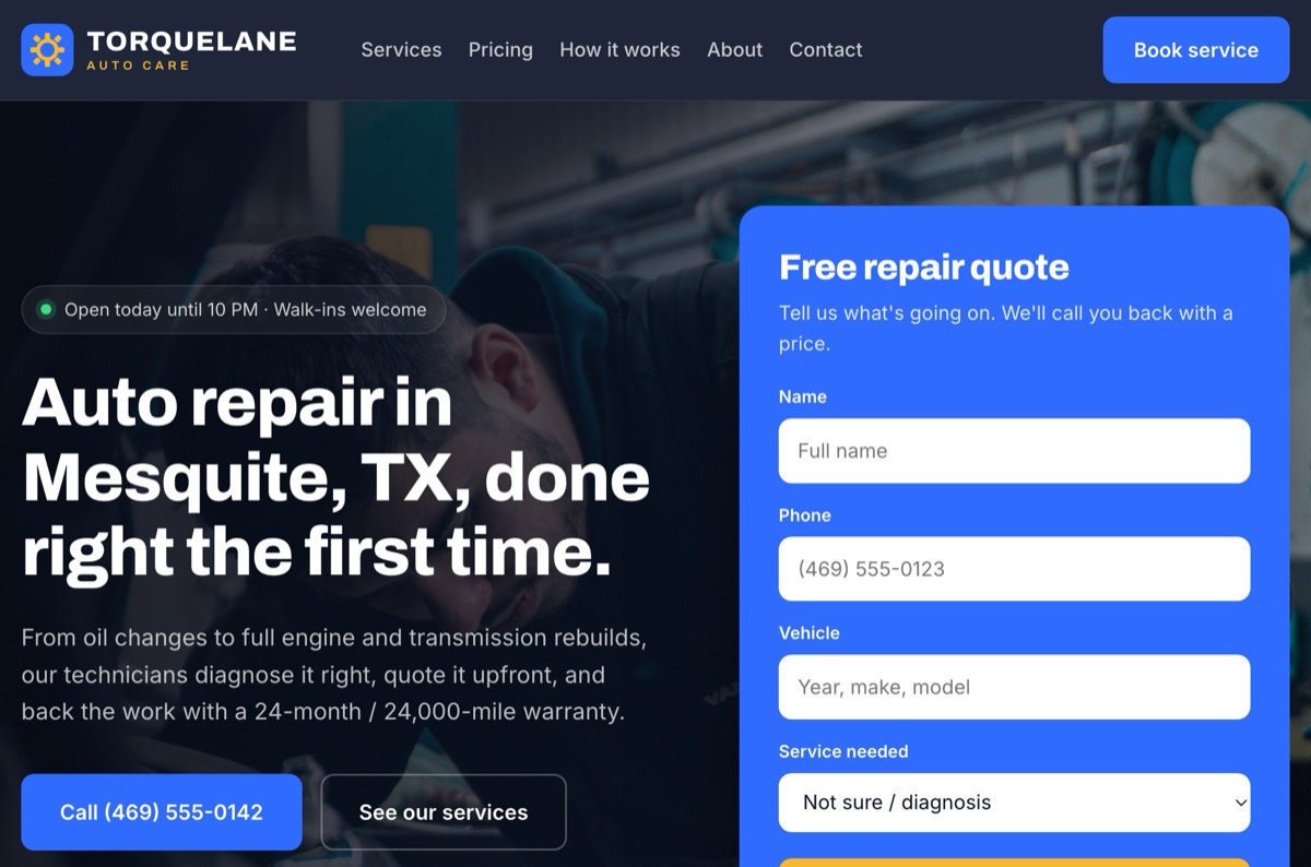 Torquelane Auto Care concept home page with a free repair quote form
