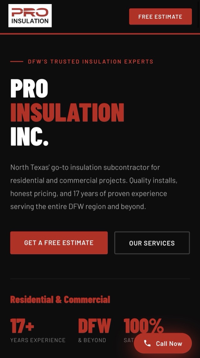 Pro Insulation Inc. home page on a phone